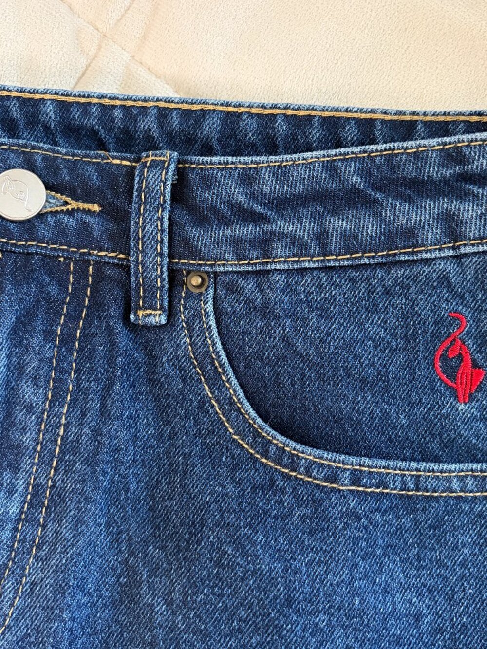 NEW Baby Phat Denim Skirt Y2K Inspo Red Embroidered Logo Hem Cat McBling Medium - Picture 4 of 10